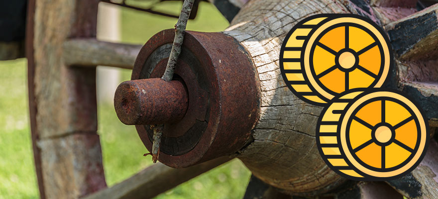 A wagon wheel in a field, and an illustration of some wagon wheel shaped pasta.